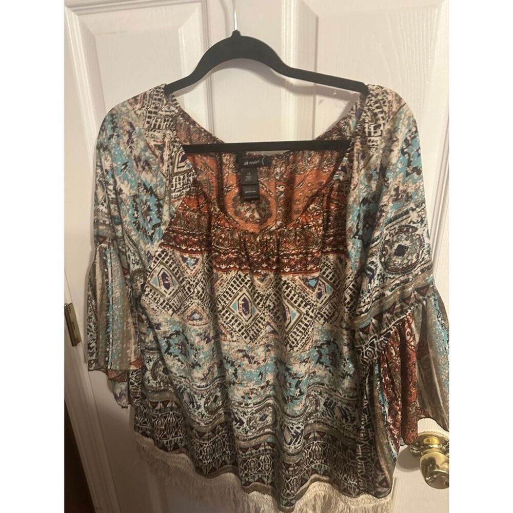 Ali Miles Boho Printed Fringe-Hem Peasant Top in Multicolor 1x